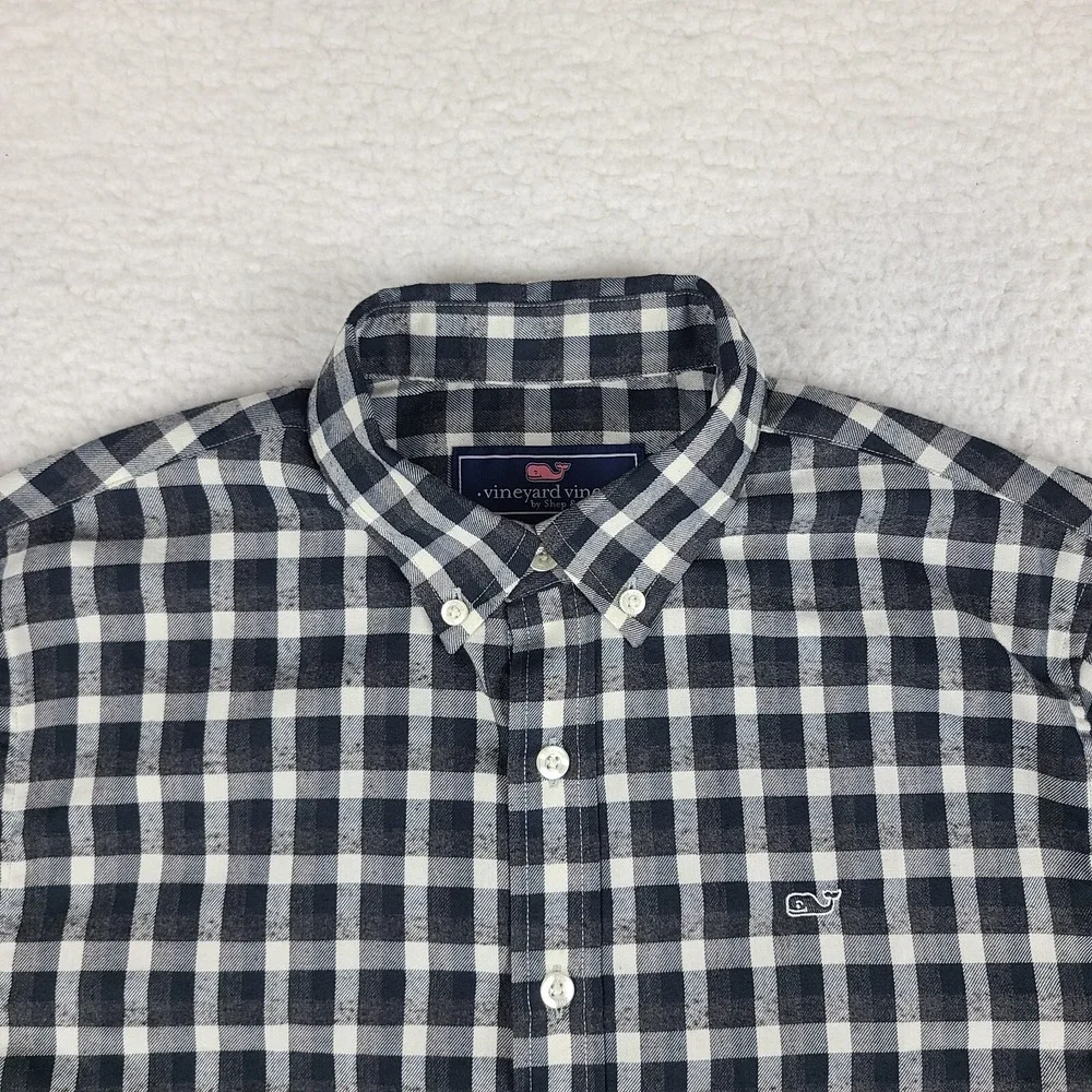 Vineyard‎ Vines Whale Shirt Boys XL (18) Black Gray Plaid Dress Button Down